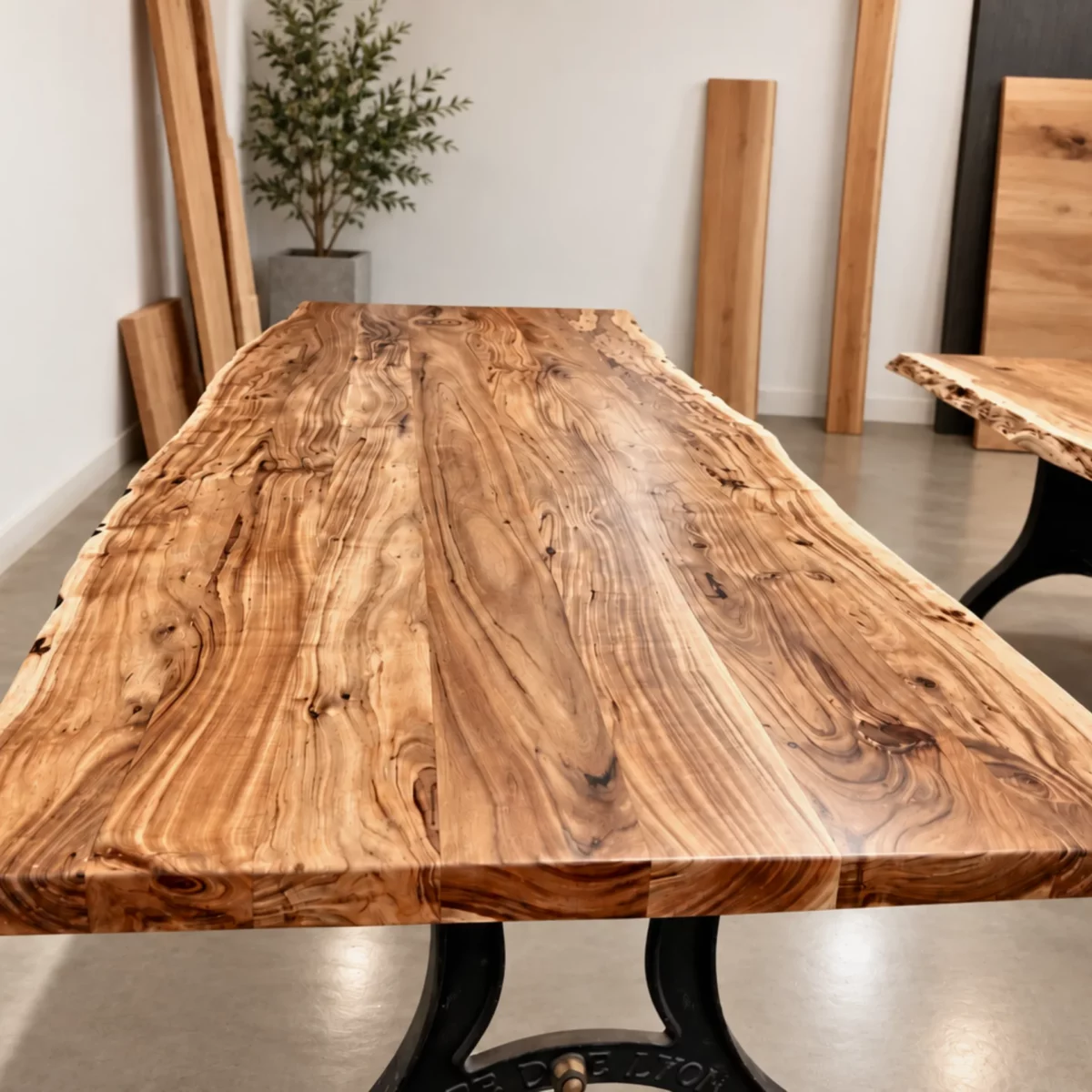 Un plateau de table en acacia massif avec des bords naturels