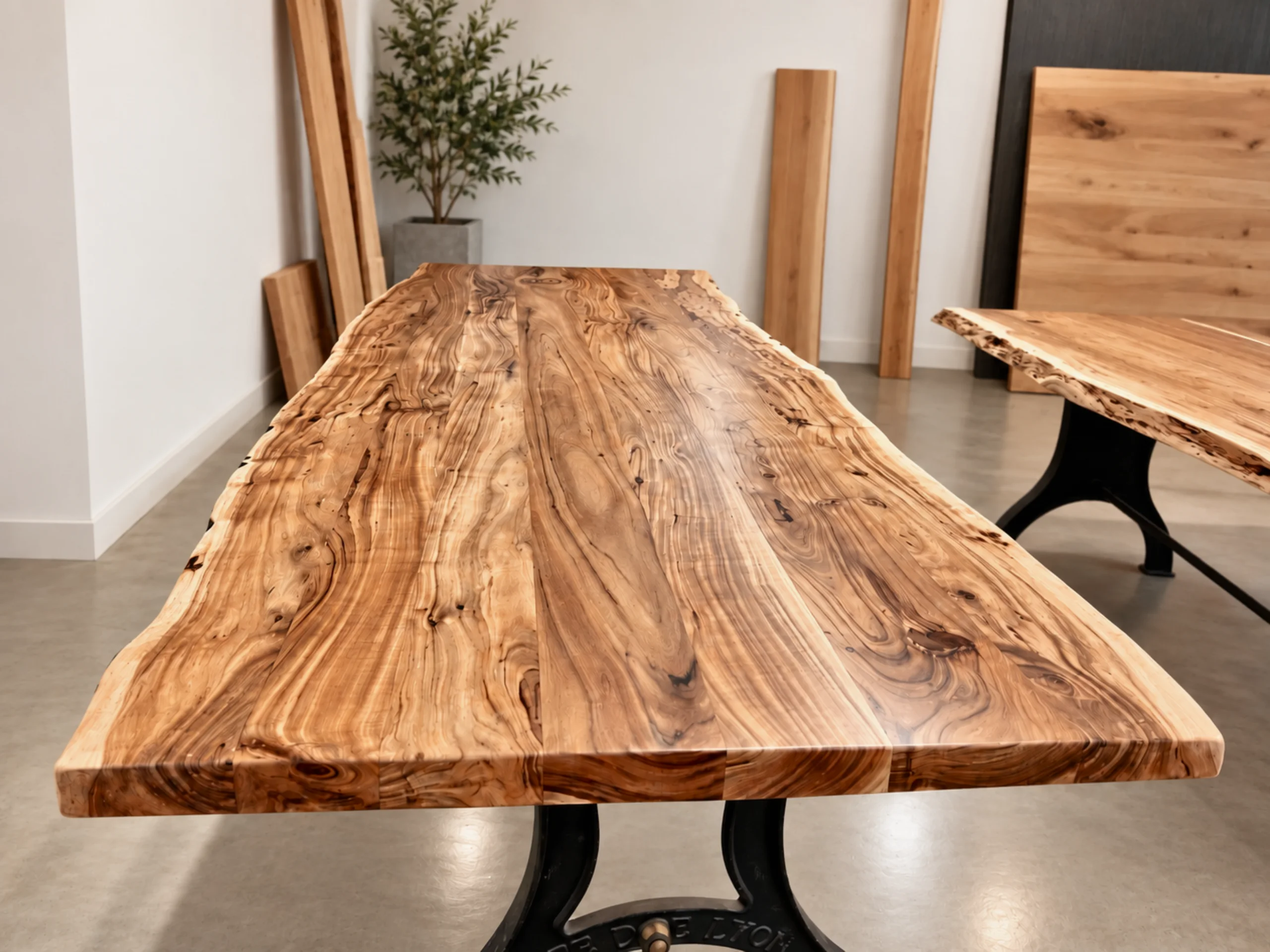 Un plateau de table en acacia massif avec des bords naturels