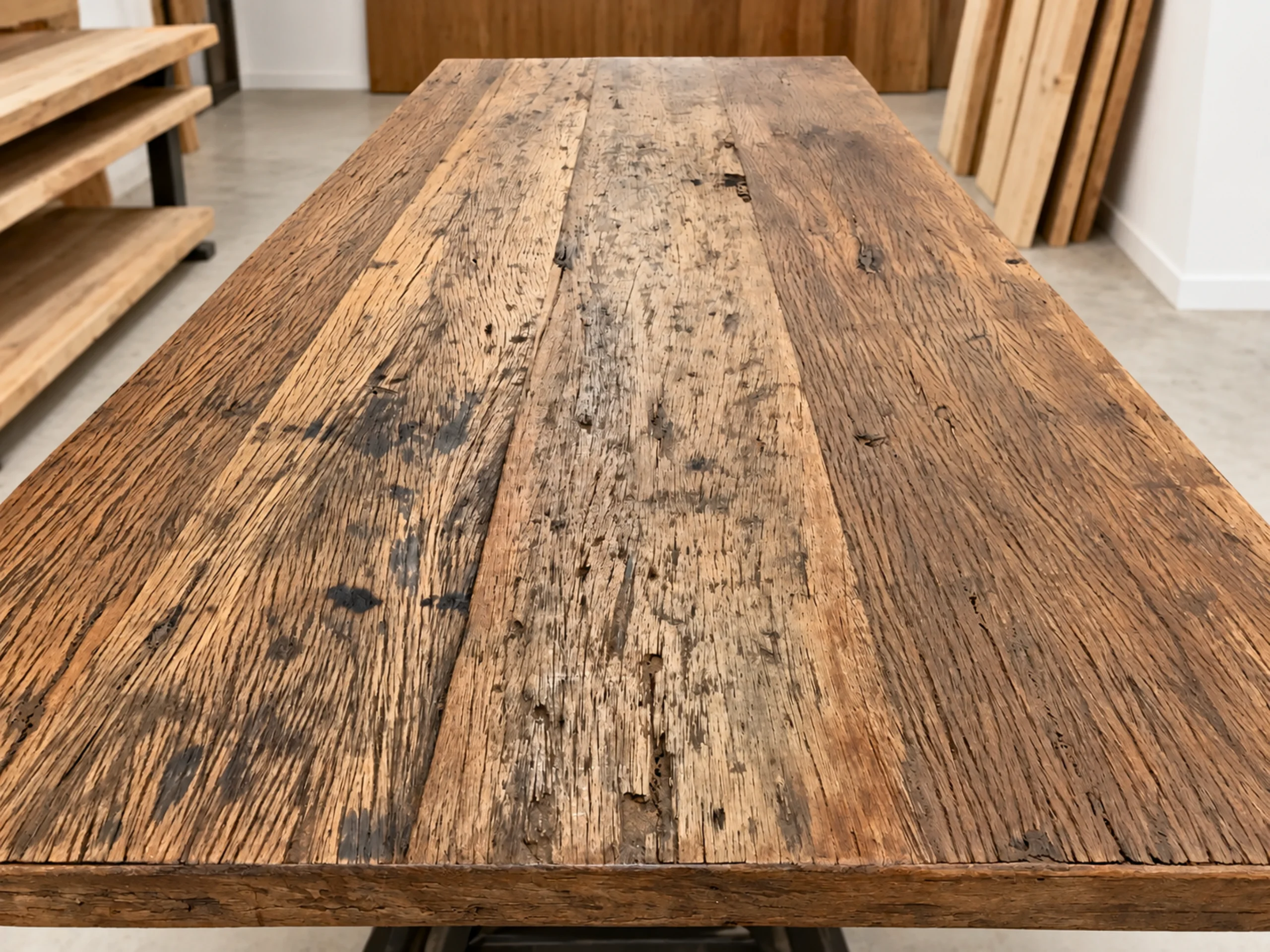 Un plateau de table à manger en bois recyclé