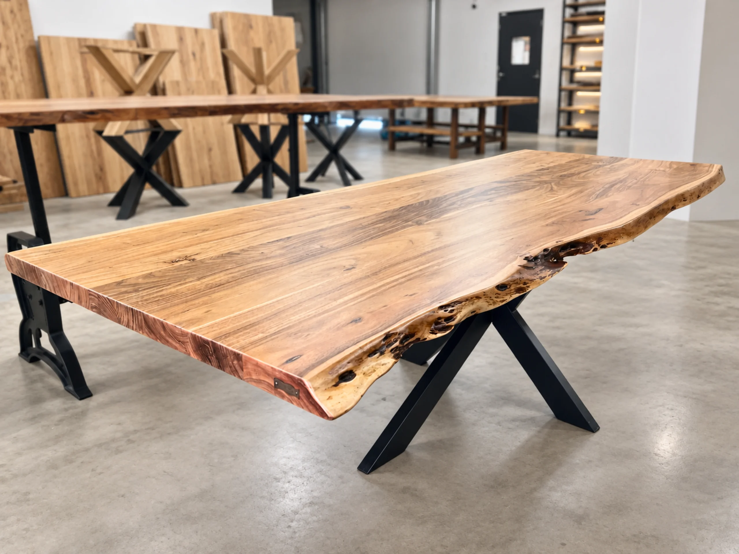Une table à manger avec un plateau en acacia