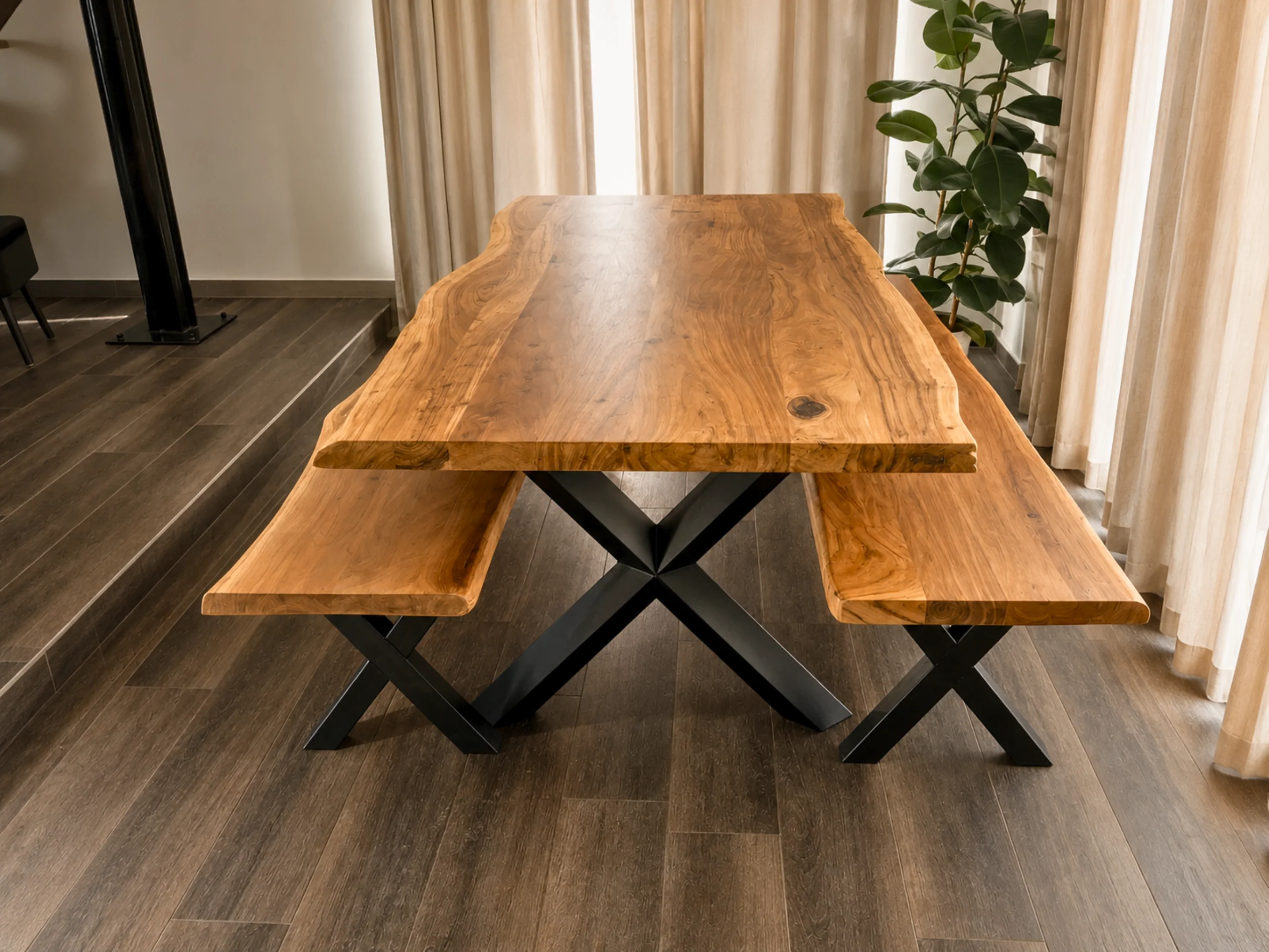 Une table et des bancs avec des pieds croisés