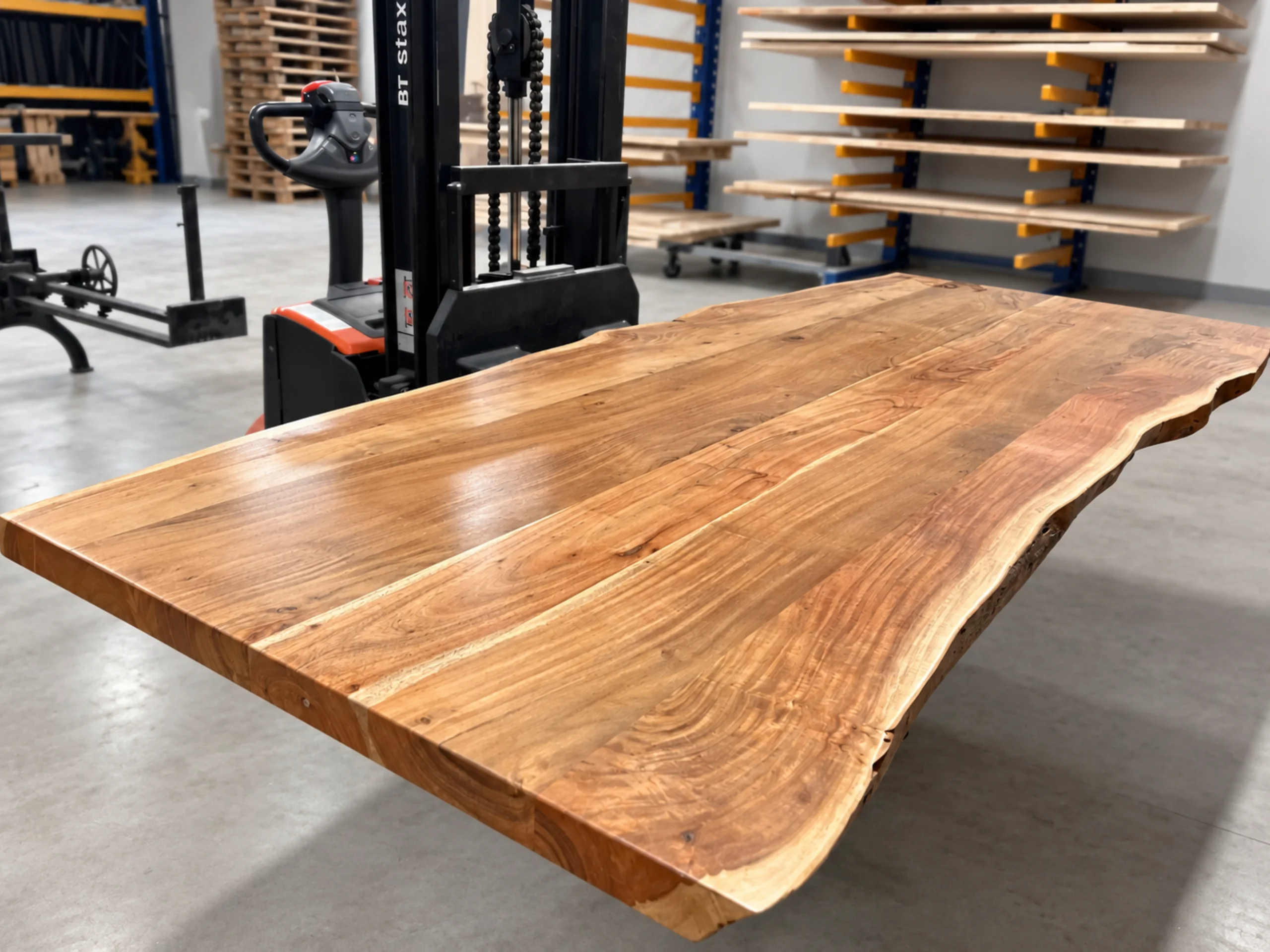 Une table avec un plateau en acacia massif
