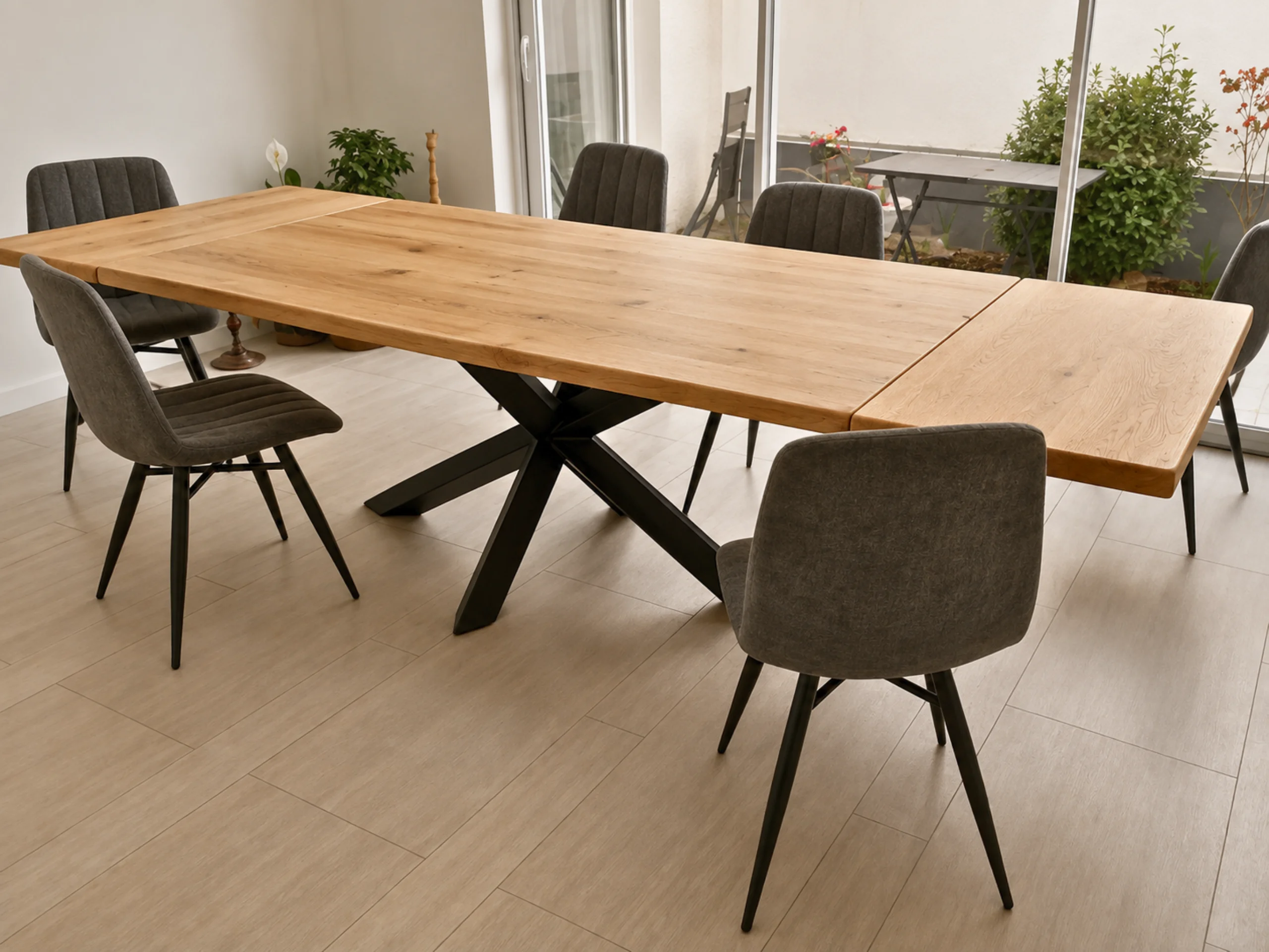 Une table en bois massif avec rallonges