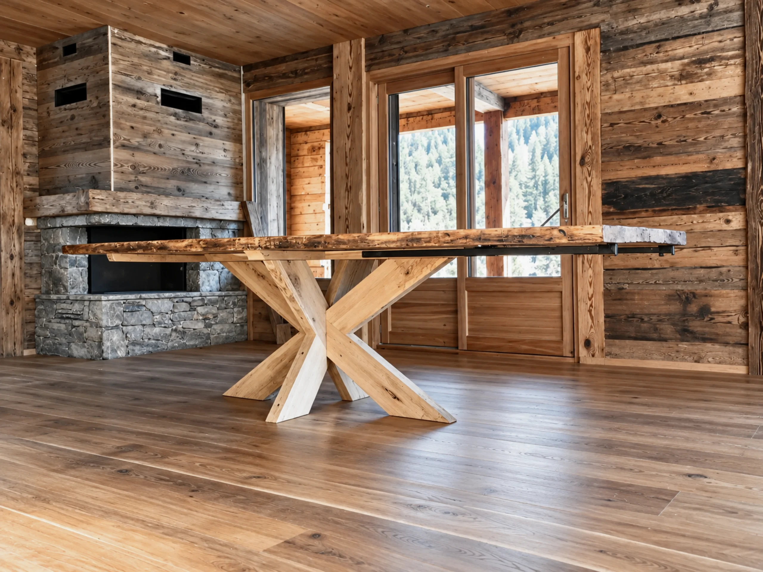 Une table à manger en chêne avec un pied central