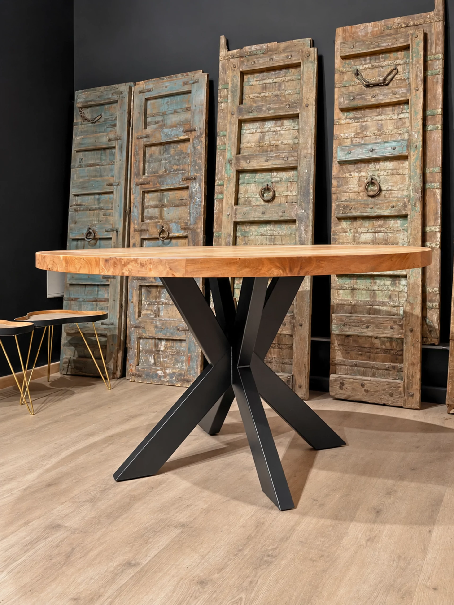 A round dining table with a pedestal base