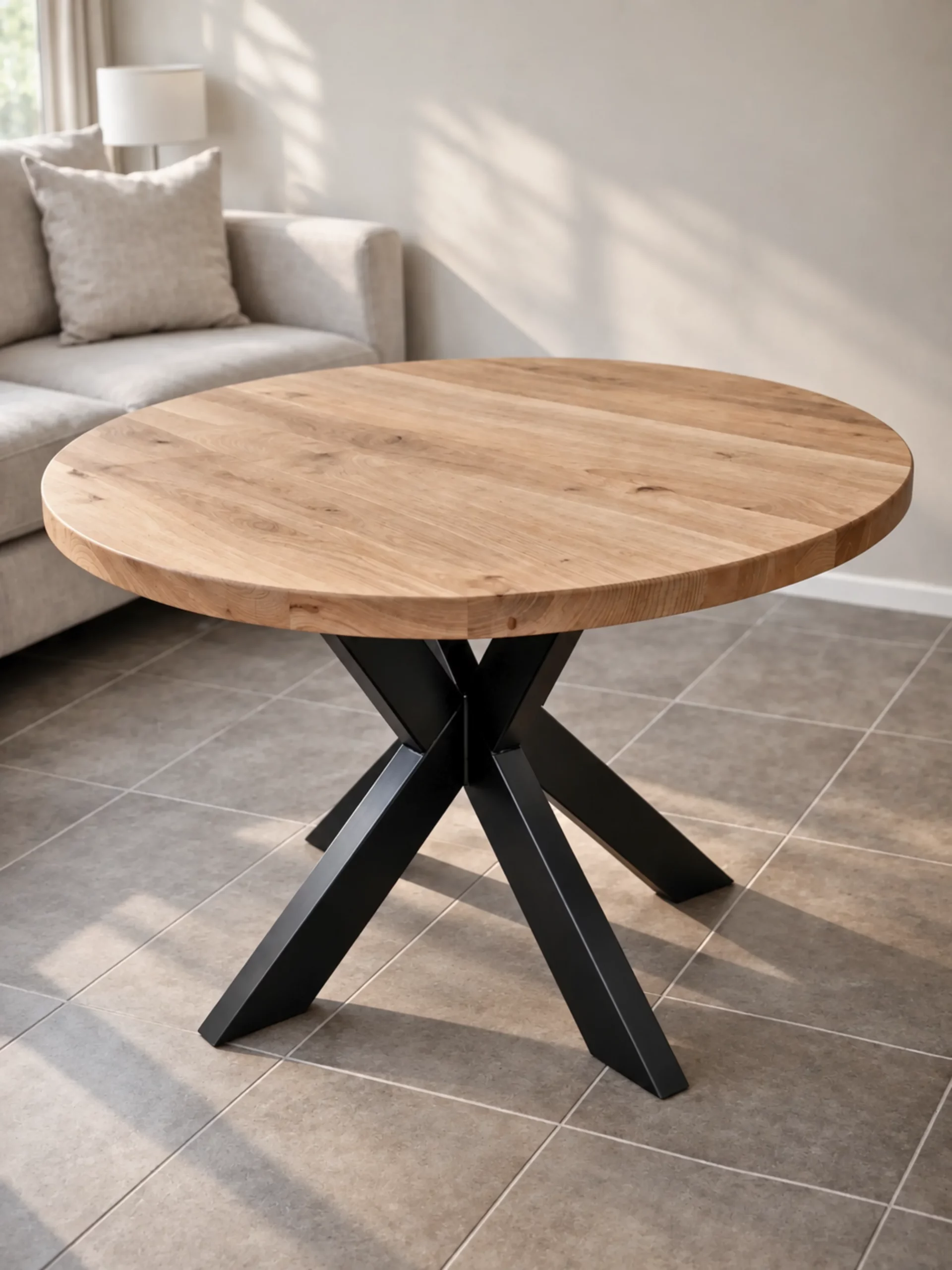 Une table ronde avec un pied central en acier